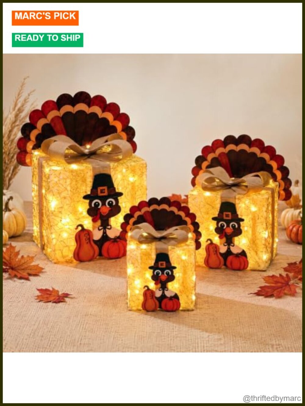 Lighted Thanksgiving Turkey Gift Boxes 3 Pack LED Holiday Decor